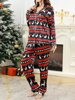Kadın Noel Pijama Seti 2 Parça Saten Uzun Kollu Gömlek Gevşek Fit Pantolon Pijama Loungewear Noel Ev Giyer