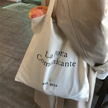 Mektup Baskı Kadın Alışveriş omuz çantaları İnce Pamuklu Bez Kadın Eko alışveriş çantası Büyük Kapasiteli Kızlar Kitap Tote Çanta Çanta