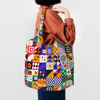 Sevimli Baskı Bauhaus Renk Bloğu Geometrik Çizgi Modern Tote Alışveriş Çantaları Dayanıklı Tuval Alışveriş Omuz Minimalist Çanta Çanta