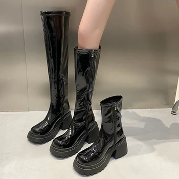 Tıknaz Platformu Uzun çizmeler Kadın Rugan Kalın Yüksek Topuklu serseri ayakkabı Kadın 2023 Sonbahar Kış Kısa Peluş Diz Yüksek Çizmeler