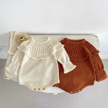 7566 Bebek Giysileri Örme Bodysuit Sonbahar 2023 Yeni Düz Renk Bebek Kız Tek Parça Giysi Tırmanma Giysileri