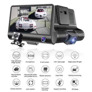 Araba Video Kaydedici HD 1080P 3 lensli araba DVR Döngü Kayıt 4 İnç Otomatik Video Kamera Dikiz Kamera 140 Derece Geniş Açı G-Sensor