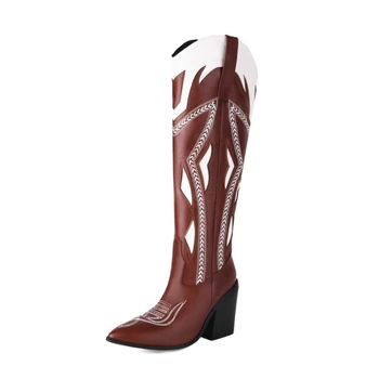 Siyah Kırmızı Dikiş İpliği Karışık Renkler Chelsea Diz Boyu Çizmeler 2023 Sonbahar Kış Yeni 9cm / 5cm Yüksek Topuklu Kadın Ayakkabı Boyutu 34-43