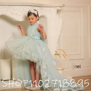 Yüksek Boyun Gök Mavisi Çiçek Kız Elbise Sweep Tren Katmanlı Düğün Törenlerinde Prenses 2023 Yaz Yumuşak Tül