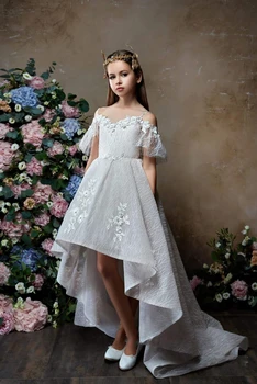 Yüksek Düşük Çiçek Kız Elbise Düğün İçin A-line Spagetti Sapanlar Dantel Uzun İlk Communion Elbise Kız Küçük