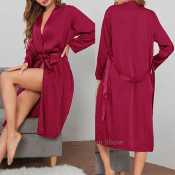 Uzun Kimono Bornoz Elbisesi Kadın Elbise Seksi Pijama Düz Renk Gecelik Yaz Yeni Kadın İç Çamaşırı İpek Saten Ev Giysileri