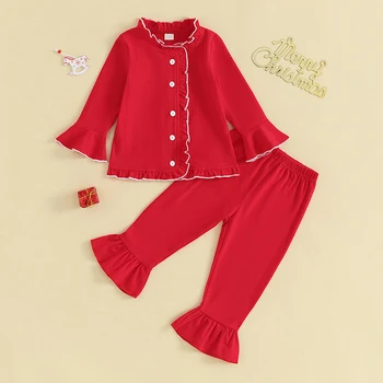 1-5Y Toddler Kız Pijama Setleri Bebek fırfır etekli Düğme Aşağı Uzun Kollu Gömlek ve pantolon Setleri Çocuklar Pijama Noel için