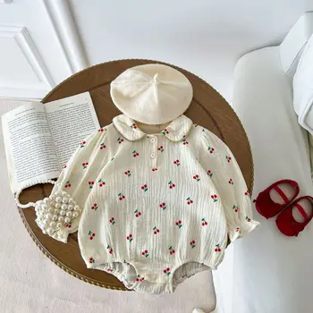 Yenidoğan Bebek Kız pamuklu uzun kollu tişört Kiraz Romper Bebek Yürüyor Doğum Günü Partisi Tulum Bahar Sonbahar Bebek Giysileri 3M-18M