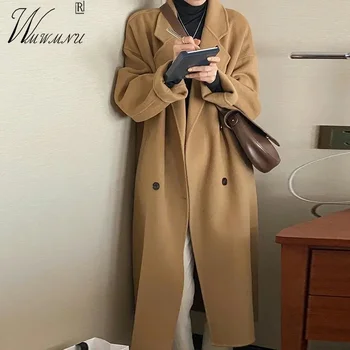 Haki Uzun Kruvaze Yün Palto Yüksek Kaliteli Kadın Yün Karışımı Giyim Sonbahar Kış Uzun Kollu Sıcak Kore Ceketler