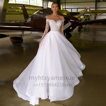 Büyüleyici Seksi Uzun Kollu düğün elbisesi 2023 Şeffaf O-boyun Dantel Payetli Düğme Geri Organze Beyaz gelin kıyafeti Artı Boyutu Tül