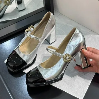 2023 Marka Ayakkabı Kadın Mary Janes kadın Yüksek Topuklu Moda çiçek dekorasyonu Ofis ve Kariyer Yeni Yuvarlak Ayak Topuklu Kadın