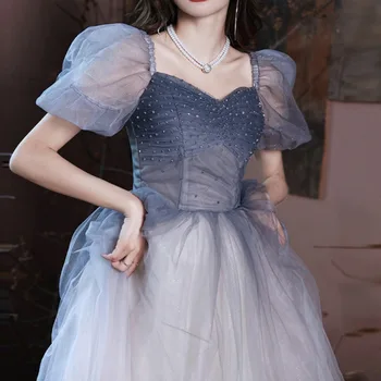 Kare Yaka Payetli Puf Kollu balo kıyafetleri Zarif Katmanlı Balo Prenses Düğün Parti Elbise Degrade Akşam Elbise
