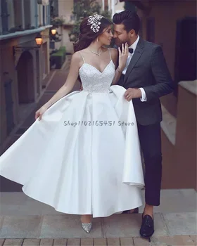 Zarif Ülke düğün elbisesi Ayak Bileği Uzunluğu Bir çizgi Saten Artı Boyutu Spagetti Sapanlar Dantel Aplike gelinlikler Vestido de Noiva