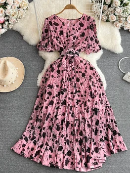 Yaz Vintage Çiçekli Baskı Pilili uzun elbise Zarif V Yaka Puf Kısa Kollu Siyah / Pembe / Beyaz / Bej Maxi Vestidos Yeni