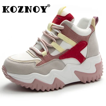 Koznoy 6.5 cm Hava Mesh İnek Hakiki Deri Tıknaz Sneaker Sonbahar Bahar Taklidi Moda Kama Kadın Platformu Karışık Renkli Ayakkabı