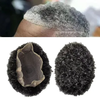 Hint işlenmemiş insan saçı Parça 4mm Afro Peruk #1 Gri Siyah Adam için Tam Dantel Üniteleri