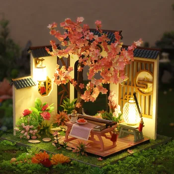 Bebek Evleri Çin Tarzı Retro Yapı Çalışma Odası Modeli Ahşap Casa Dollhouse Kiti Minyatür Mobilya Masaüstü Süs