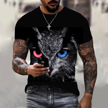 3D baskılı baykuş desen erkek t-shirtü moda retro kısa kollu yuvarlak boyun Y2K üst sonbahar sokak trendi rahat erkek tişört