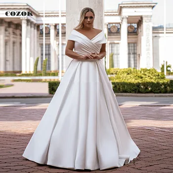 V Boyun Kapalı Omuz Saten düğün elbisesi 2023 Basit Kolsuz Artı Boyutu Elbisesi Gelin Vestido De Noiva Özel Boyut