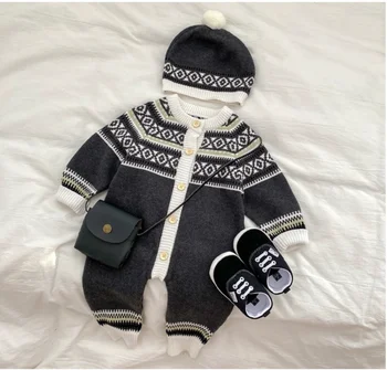 Örme Bebek Giysileri Yenidoğan Sonbahar Kış Erkek Bebek Romper Giysileri İle Şapka Pamuk Noel Bebek Romper Tulumlar Erkek Tulum