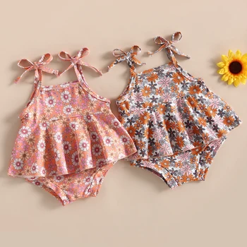 Yaz Bebek Bebek Kız Kıyafetler Kolsuz Kravat Omuz Çiçek Cami Tops + Şort Giyim Seti