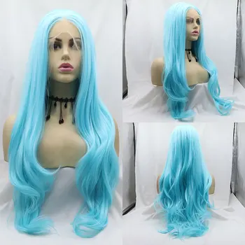 Sentetik Saç Dantel ön peruk Mavi Renk Doğal Dalga ısıya dayanıklı iplik Saç Doğal Saç Çizgisi Orta Ayrılık Kadınlar Için Peruk