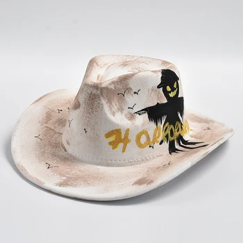 YENİ El Yapımı Boyalı Kafatası Dekorasyon Fedora Şapka Kadınlar / Erkekler Cadılar Bayramı Kostüm Cosplay Parti Caz Şapka