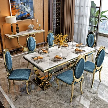 Avrupa tarzı mermer yemek masası ve sandalye kombinasyonu, ışık lüks, modern minimalist ev dikdörtgen masa