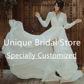 Klasik Zarif kadın düğün elbisesi V Yaka Uzun Kollu Geri Fermuar Fırça Tren A-Line Düğme Şifon Romantik gelin kıyafeti