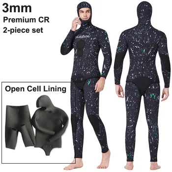 Açık Hücre Camo Spearfishing Wetsuits Erkekler 3mm / 1.5 mm Neopren 2 Adet Kapşonlu Süper Streç Tüplü dalgıç kıyafeti Termal Mayo