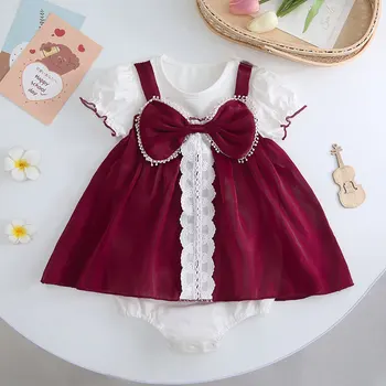2023 İlk Doğum Günü Romper Elbise Toddler Kız Çocuklar için İspanyolca Şık Dantel Yay Parti Elbiseler Çocuk Yaz Dış Giyim