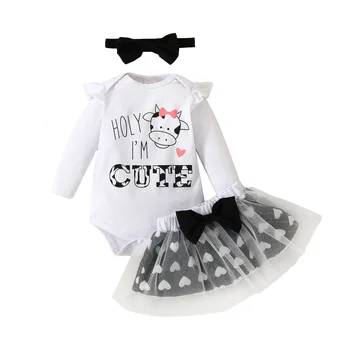 2023 Bebek Kız Giysileri Etek Seti Uzun Kollu Romper ve Tutu Etek Bandı Rahat Kıyafetler