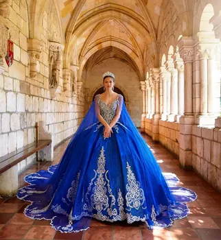 Kraliyet Mavi Charro Quinceanera Elbise Balo V Yaka Tül Aplikler Boncuklu Kabarık Meksika Tatlı 16 Elbiseler 15 Anos