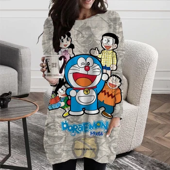 Doraemon Makinesi Kedi Baskı kadın Moda Kamp Kazak Rahat Moda Uzun Kollu tişört kadın Eğlence