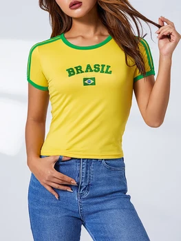 Y2K Brezilya Futbol Kız Kırpma Üst Kadınlar Yıldız Grafik Peri Grunge Bebek Tee Gençler Kızlar Estetik Vintage Gotik T-Shirt