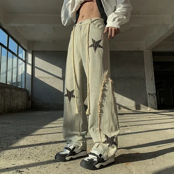 Amerikan Tarzı Klasik Yıldız Baskılı Ham Kenar Kot erkek Yaz Gevşek Rahat Yüksek Sokak Düz Pantolon Erkek Giysileri