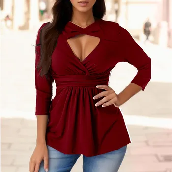 Bayan Sıcak Satış Bluz 2023 Şık İçi Boş Ön Bel İnce Düz Renk V Yaka Kırpılmış Kollu Tunik T-Shirt