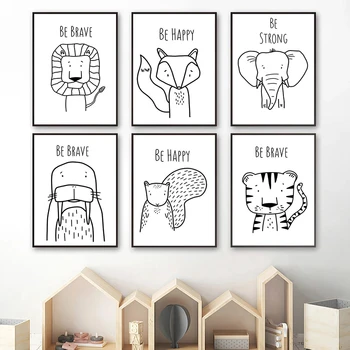 MOINES Minimalizm Hayvanlar Duvar Sanatı Kreş Yatak Odası Duvar Posteri Baskı Siyah Beyaz Aslan Fil Kaplan Tuval Boyama Çocuk Odası