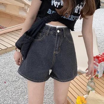 2021 Yaz Bayan Moda Yüksek Bel Düğmesi Geniş Bacak Jean Kısa Casual Kadın Gevşek Siyah Mavi Dantel Kot Şort Y2k Hotpants