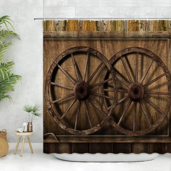 Retro Ahır Duş Perdesi Vintage Çiftlik Evi Eski Vagon Tekerleği Kahverengi Ahşap Tahta Dekor banyo küveti Perdeleri Polyester Kumaş