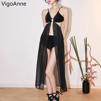 VigoAnne 2023 Siyah Örgü Patchwork Mayo Kadınlar Seksi Push UP Hollow bikini seti Kore Mayo Backless Plaj Mayo