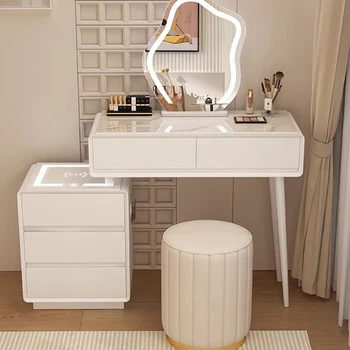 Sandalye beyaz Dresser masası yatak odası makyaj aynası ışıkları Minimalist makyaj masaları çekmece köşe Tocador Mueble mobilya LJ50DT
