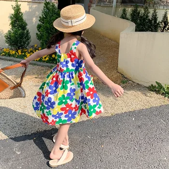 Kore Tarzı Toddler Bebek Kız Kolsuz Çiçek Baskı Elbiseler Giysileri Çocuk Yaz Plaj Elbise çocuk kıyafetleri