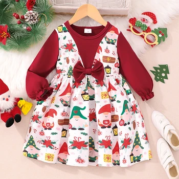 Kızlar Noel Elbise Vintage Noel Baba Baskı Yuvarlak Boyun Uzun Kollu Mini Elbise Zarif Yay Dekor Parti Elbise