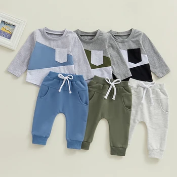 0-3Y Toddler Bebek Erkek Sonbahar Kıyafetler Kontrast Renk Ekip Boyun Uzun Kollu Tişörtü Pantolon İle 2 Adet Sonbahar Giyim Seti