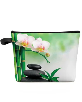 Zen Taşlar Orkide Çiçek Yeşil Bambu Makyaj Çantası Kılıfı Seyahat Essentials Kadınlar Kozmetik Çantaları Organizatör Depolama Kalem Kutusu