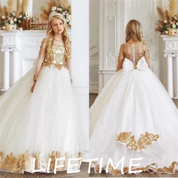 Lüks Glitter Payetli Beyaz Çiçek Kız Elbise Düğün İçin Tam Kollu O-Boyun İlk Communion Abiye Yay İle