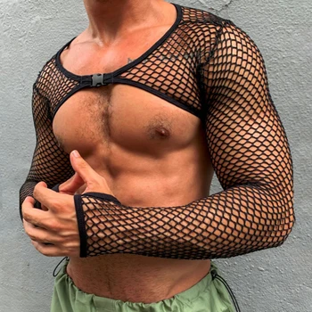 YUFEIDA Streetwear Toka Kırpma Üstleri Erkek Örgü Uzun Kollu T Gömlek Seksi Gece Kulübü Kostüm See Through Hollow Out Moda Ince Tee