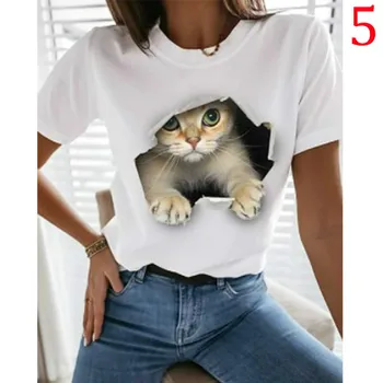 Yeni Yaz kadın T-shirt kadın Giyim 3D Kedi Desen Estetik T-shirt kadın Moda Kısa Kollu Üst T-shirt Rahat