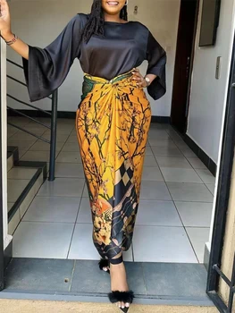 Afrika Baskılı İpek Saten İki Parçalı Setleri Pantolon Etek Bayan O-Boyun Gevşek Parlama Kollu Ve Dantel-up Baskı Etekler 2 Parça Takım Elbise